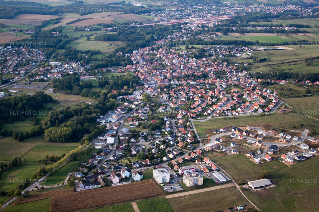 Vue aérienne: Champs agricoles et terres arables à Gundershoffen dans le département Bas Rhin, France. Photo: IMG_53647.jpg prise le 30/09/2012 par Werner Riehm/FLY-FOTO.eu – Résolution de l'original: 4752 x 3168 px