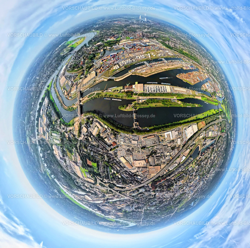 Duisburg250903953 | Luftbild, Hafen Duisburg-Ruhrort mit Ölinsel, Kohleninsel und Schrottinsel, Fluss Ruhr und Rhein-Herne-Kanal, Erdkugel, Fisheye Aufnahme, Fischaugen Aufnahme, 360 Grad Aufnahme, tiny world, little planet, fisheye Bild, Ruhrort, Duisburg, Ruhrgebiet, Nordrhein-Westfalen, Deutschland