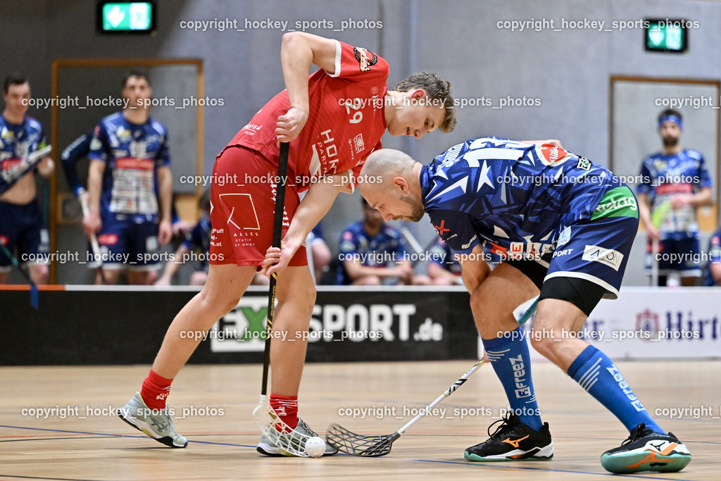 KAC Floorball vs. VSV Unihockey | #29 Sebastian Flaschberger KAC Floorball, #13 Jan Sláma VSV Unihockey, KAC Floorball vs. VSV Unihockey, KAC Floorball vs. VSV Unihockey am 21.03.2026 in Klagenfurt (Ballspielhalle Waidmannsdorf), Austria, (Photo by Bernd Stefan)