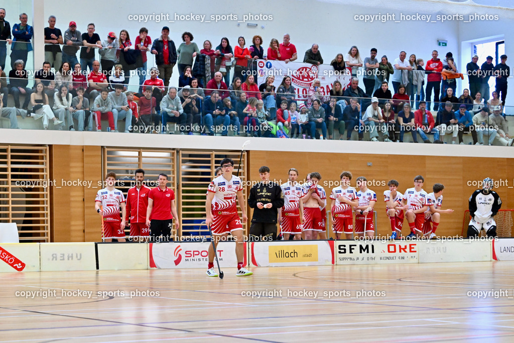VSV Unihockye vs. KAC Floorball | KAC Floorball Fans, KAC Floorball Spielerbank, #28 Gabriel Lekas KAC Floorball, VSV Unihockye vs. KAC Floorball, VSV Unihockye vs. KAC Floorball am 13.04.2025 in Villach (Ballspielhalle St. Martin), Austria, (Photo by Bernd Stefan)