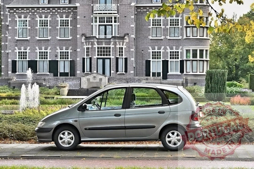 Renault Scenic minivan parking at historic manor house | Renault Scenic minivan parked on a sidewalk in front of a large historic mansion with a garden and fountain - Realized with Pictrs.com