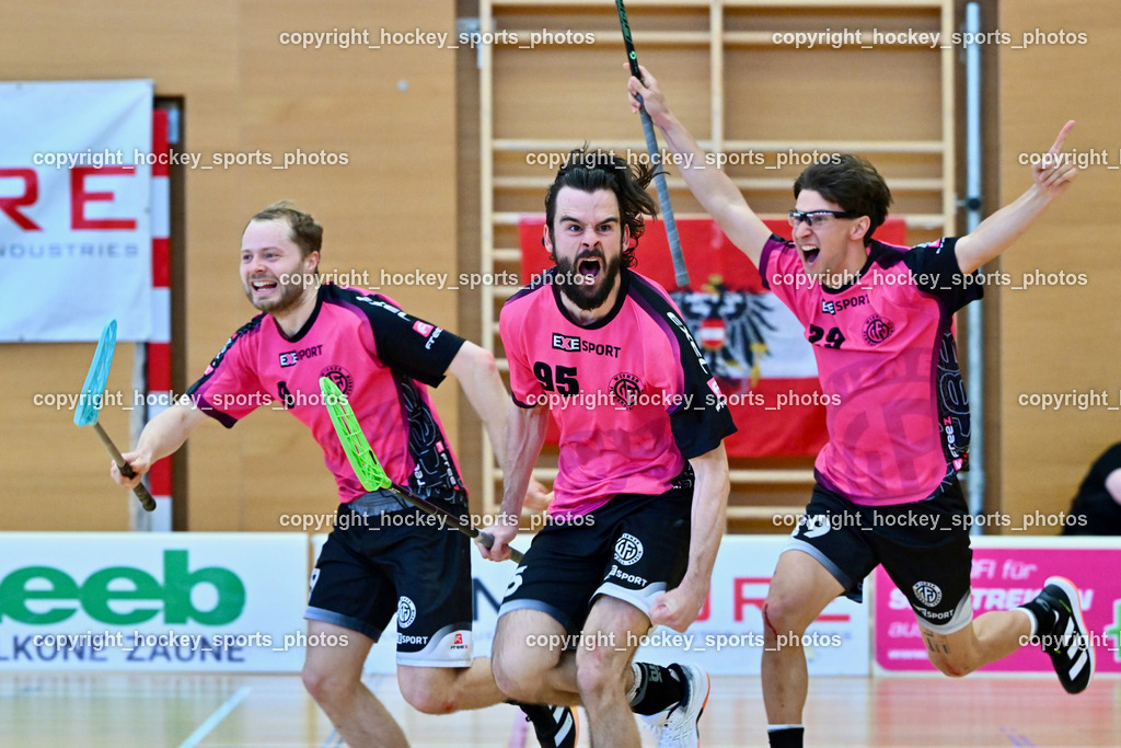 VSV Unihockey vs. Wiener Floorball Verein | Jubel Wiener Floorballverein Mannschaft, #9 ZEHETNER Laurin Wiener Floorballverein, #95 FELSBERGER Niklas Wiener Floorballverein, #29 Jonas-Justus Dopona Wiener Floorballverein, VSV Unihockey vs. Wiener Floorball Verein, VSV Unihockey vs. Wiener Floorball Verein am 18.05.2025 in Villach (Ballspielhalle St. Martin), Austria, (Photo by Bernd Stefan)