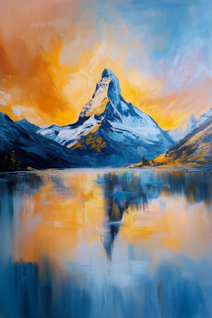 2501013 - Matterhorn | Bestellen Sie dieses Motiv vom Matterhorn im Stil eines Gemäldes als Wandbild z.B. auf Leinwand , hinter Acrylglas oder als Poster.