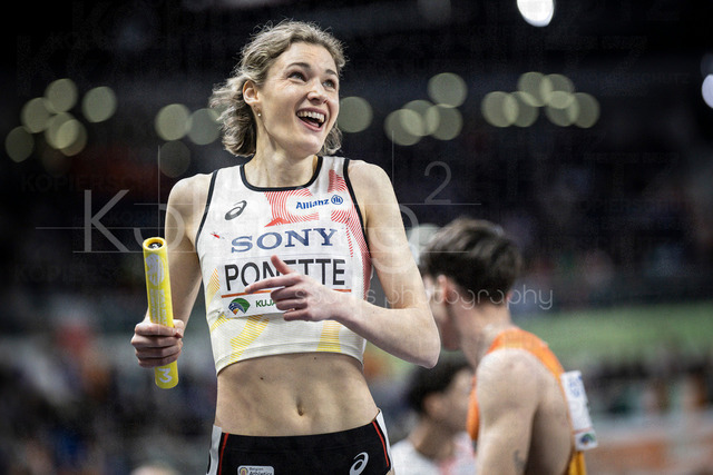 World Athletics Indoor Championships Kujawy Pomorze 26, 21.03.2026 | TORUN, POLAND - MARCH 21:  Helena PONETTE (BEL) celebrates the 4x400m relay victory during the World Athletics Indoor Championships Kujawy Pomorze 26 on day 2 / session 1 at Kujawsko-Pomorska Arena Torun on March 21, 2026 in Torun, Poland. 