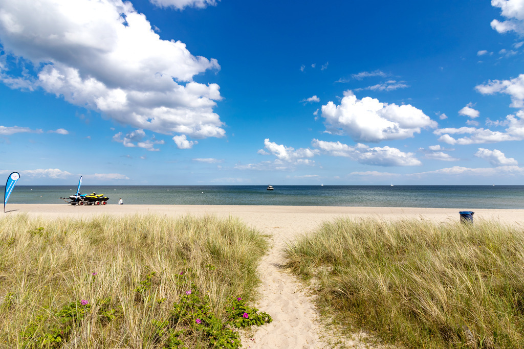 Wandbild: Weg an den Strand in Weidefeld | Dieses Wandbild im Querformat zeigt einen Sandweg am Weidefelder Strand inmitten von Strandhafer. Am blauen Himmel befinden sich einige sommerliche Wolken.  - Realisiert mit Pictrs.com