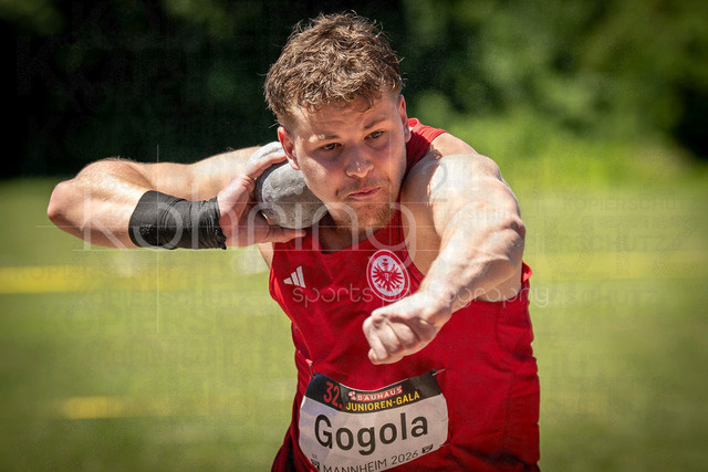 Juniorengala 2026; Mannheim, 13.06.2026 | MANNHEIM, GERMANY - JUNE 13, 2026 : Nicolas Gogola (GER/Eintracht Frankfurt e.V.) competing in the men’s U20 shot put  during the Juniorengala 2026 at Michael-Hoffmann-Stadion on June 13, 2026 in Mannheim, Germany.