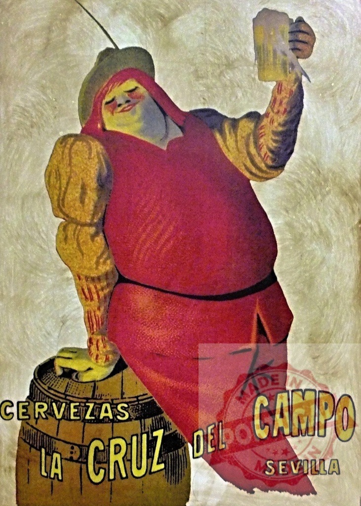 Gambrinus holding beer mug vintage Cruzcampo advertisement | Gambrinus character celebrating with a beer mug on a wooden barrel - Realized with Pictrs.com