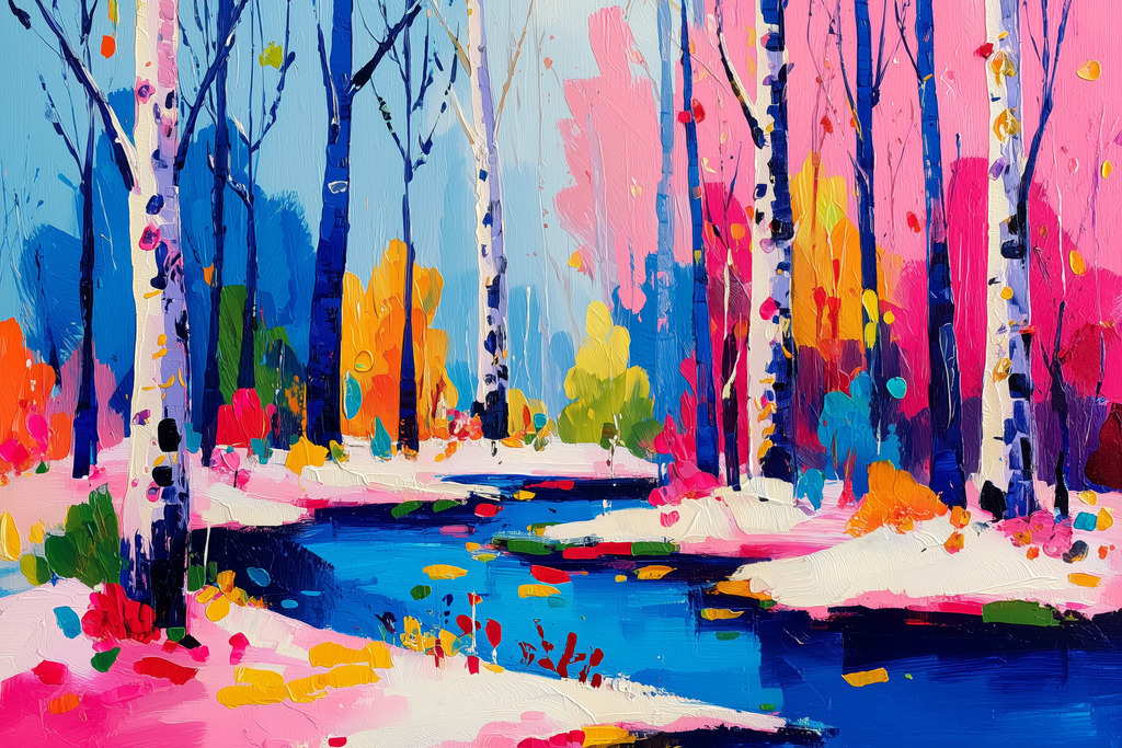 2601016 - Winterlicher Wald | Ein winterlicher Wald im Stil eines modernen Gemäldes mit bunten Farbakzenten.