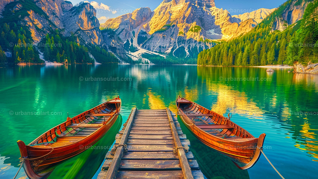Lake In The Dolomites With Two Rowing Boats And Dock | A tranquil lake scene in the Dolomites, featuring two wooden boats and a dock surrounded by pristine waters and mountains. Perfect for adding a touch of calm and scenic beauty. - Realisiert mit Pictrs.com