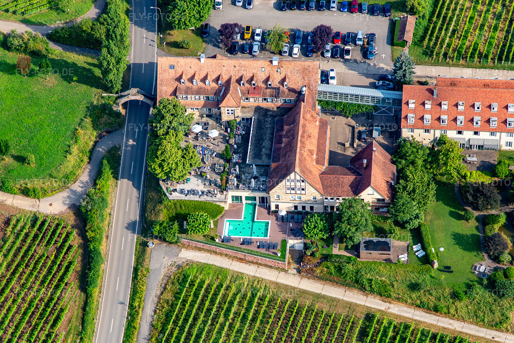 Luftbild: 4-Sterne-Hotel Leinsweiler Hof zwischen Weinbergen am Morgen in Leinsweiler im Bundesland Rheinland-Pfalz in Deutschland. Foto: IMG_142952.jpg vom 03.08.2024 durch Werner Riehm/FLY-FOTO.deUnvergessliche Momente im Urlaub - Leinsweiler Hof