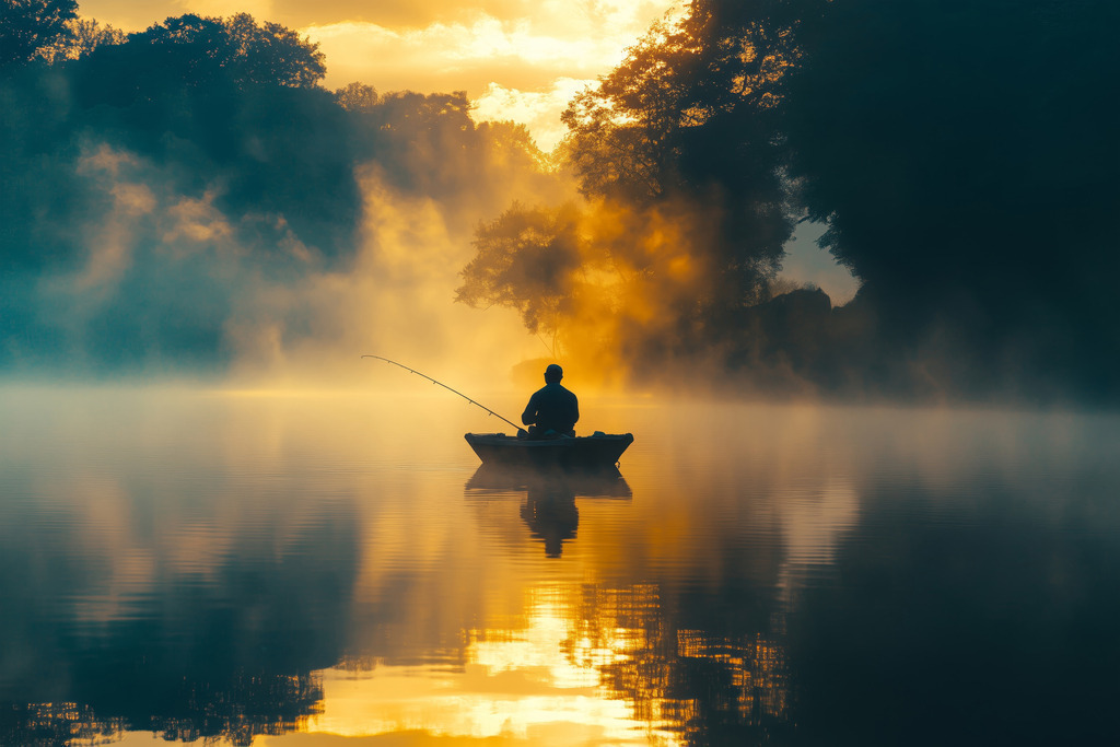 2410021 - Angler im Morgennebel | Fotorealistisches Motiv eines Anglers in einem Boot auf einem Teich im Morgenlicht.
