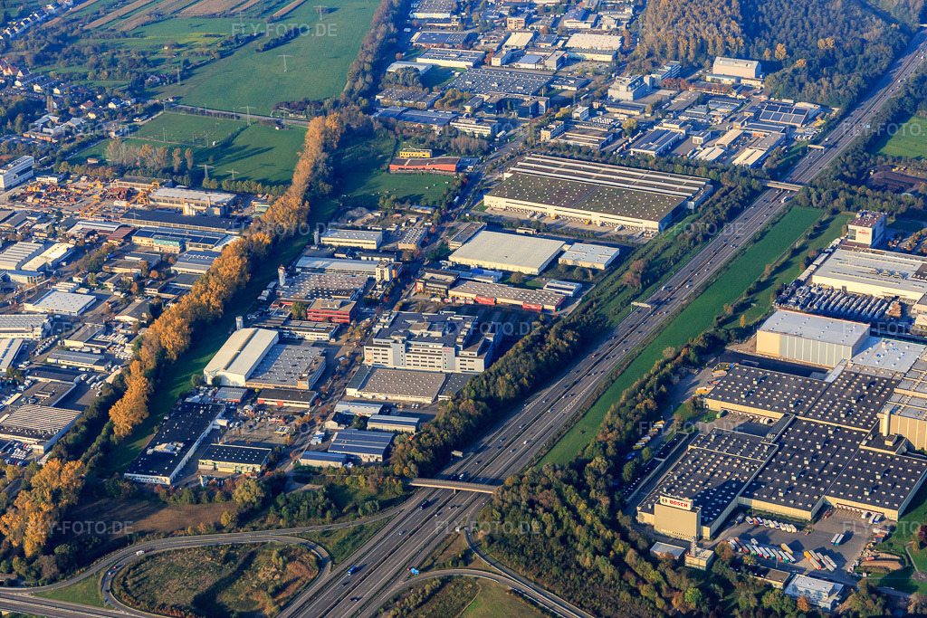 Luftbild: Gewerbegebiet Am Storrenacker mit Interpneu Handelsgesellschaft mbH und weisenburger bau GmbH Bemusterungszentrum baustein im Ortsteil Hagsfeld in Karlsruhe im Bundesland Baden-Württemberg in Deutschland. Foto: IMG_075416.jpg vom 26.10.2014 durch Werner Riehm/FLY-FOTO.deAuflösung des Originals: 5472 x 3648 pxWWW.INTERPNEU.DE