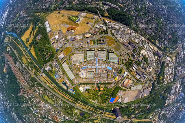 Oberhausen230790130_Neue Mitte | Luftbild, Westfield Centro, Neue Mitte mit Gasometer, Erdkugel, Fisheye Aufnahme, Fischaugen Aufnahme, 360 Grad Aufnahme, tiny world, Borbeck, Oberhausen, Ruhrgebiet, Nordrhein-Westfalen, Deutschland
