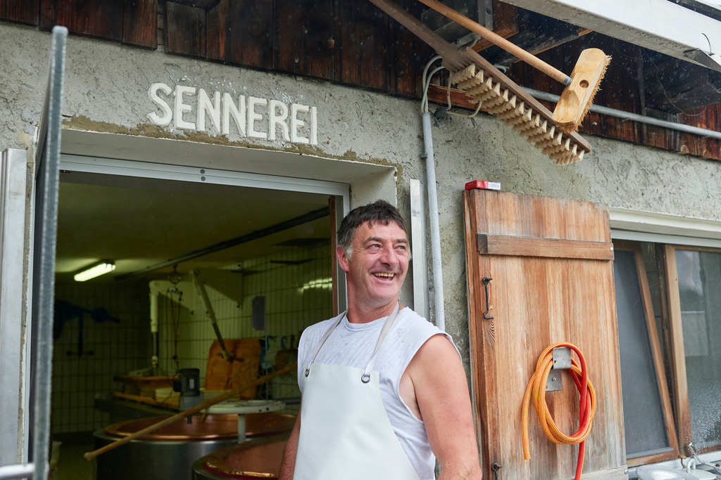 Alpe Saluver im Laternsertal | Laterns, Austria - July 28, 2017: Senner Markus Felder vor der Tuere. - Realisiert mit Pictrs.com