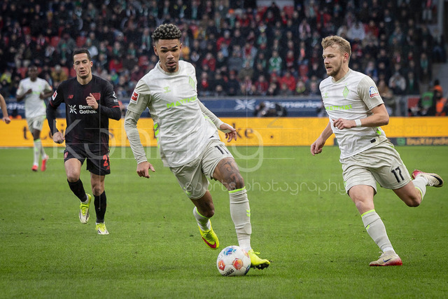 German Bundesliga, Bayer 04 Leverkusen vs. SV Werder Bremen, 24.01.2026 | LEVERKUSEN, GERMANY - JANUARY 24: Justin Njinmah (SV Werder Bremen, 11) during the German Bundesliga match on gameday 19 between Bayer 04 Leverkusen vs. SV Werder Bremen at BayArena on January 24, 2026 in Leverkusen, Germany. DFL REGULATIONS PROHIBIT ANY USE OF PHOTOGRAPHS AS IMAGE SEQUENCES AND/OR QUASI-VIDEO.