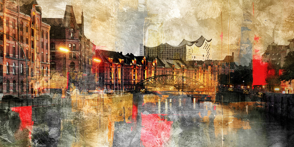 10240605 - Speicherstadt abstrakt | Abstraktes Hamburgmotiv mit der Speicherstadt und der Elbphilharmonie.
