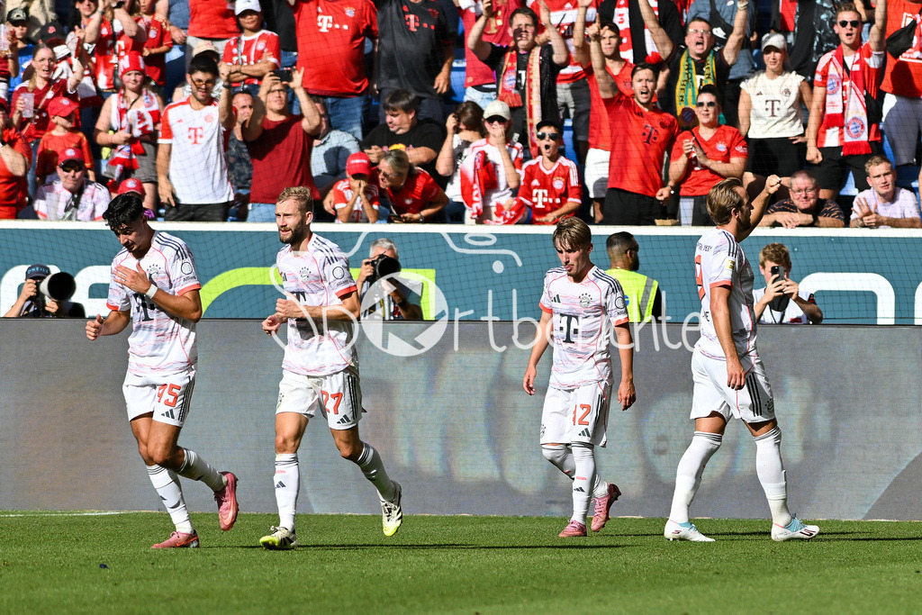 TSG 1899 Hoffenheim - FC Bayern München | Jubel der Bayern nach dem Treffer zum 0-1 durch Harry KANE (FC Bayern Muenchen 9) / Tor / Torschuetze / Freude / Happy / Bundesliga: TSG 1899 Hoffenheim - FC Bayern München; PreZero-Arena am 20.09.2025 / DFL REGULATIONS PROHIBIT ANY USE OF PHOTOGRAPHS AS IMAGE SEQUENCES AND/OR QUASI-VIDEO