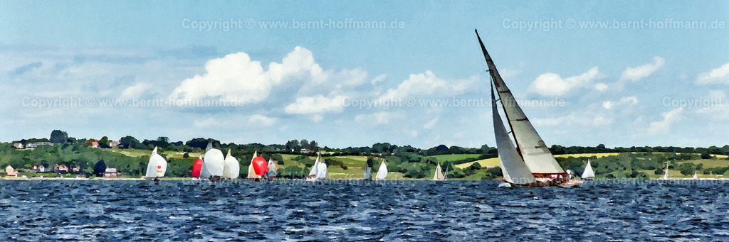 PDM2_6728_Regatta_180x60 | DIGITALKUNST. Regatta. __ Klassische Yachten während einer Segelregatta auf der Flensburger Förde unter der Küste von Dänemark. __ Seitenverhältnis = 3 zu 1 - Realisiert mit Pictrs.com