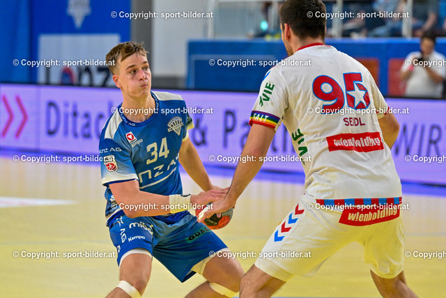 AUT, HLA, HC Linz AG vs Fivers WAT Margareten | 21.05.2024, Sporthauptschule Linz-Kleinmuenchen, AUT, HLA, HC Linz AG vs Fivers WAT Margareten, im Bild Nicolas Paulnsteiner (Linz) vs Thomas Seidl (WAT Fivers)


// HLA, Handball Liga Austria Match between HC Linz AG vs Fivers WAT Margareten in Linz, Austria on 2024/05/21
