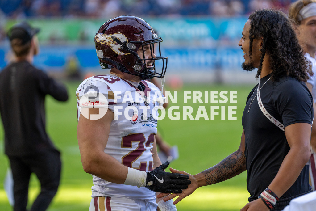 GER Rhein Fire vs. Alpine Rams, American Football, AFLE, Saison 2026, 01.08.2026 | Sergej Kendus (Rhein Fire, #23),GER Rhein Fire vs. Alpine Rams, American Football, AFLE, Saison 2026, 01.08.2026Foto: Eibner-Pressefoto/Fabian Friese - Realisiert mit Pictrs.com