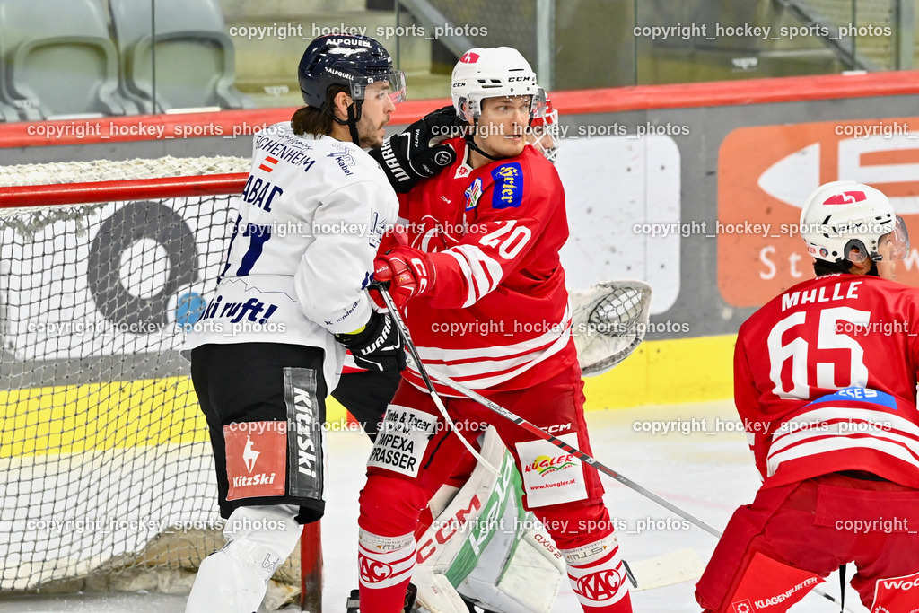 EC KAC Future Team vs. Die Adler Kitzbühl 7.10.2023 | #41 Szabad Kevin EC Kitzbühel, #20 Pilloni Yannic EC KAC FUTURE TEAM, #65 Malle Michael EC KAC FUTURE TEAM, EC KAC Future Team vs. Die Adler Kitzbühl 7.10.2023, EC KAC Future Team vs. Die Adler Kitzbühl am 07.10.2023 in Klagenfurt (Messehalle Klagenfurt), Austria, (Photo by Bernd Stefan)