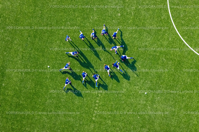 Gelsenkirchen221102197noerdlich | Luftbild, Fußballspieler Training, Trainingsplatz der VELTINS-Arena, Bundesligastadion des Fußballvereins FC Schalke 04, Erle, Gelsenkirchen, Ruhrgebiet, Nordrhein-Westfalen, Deutschland