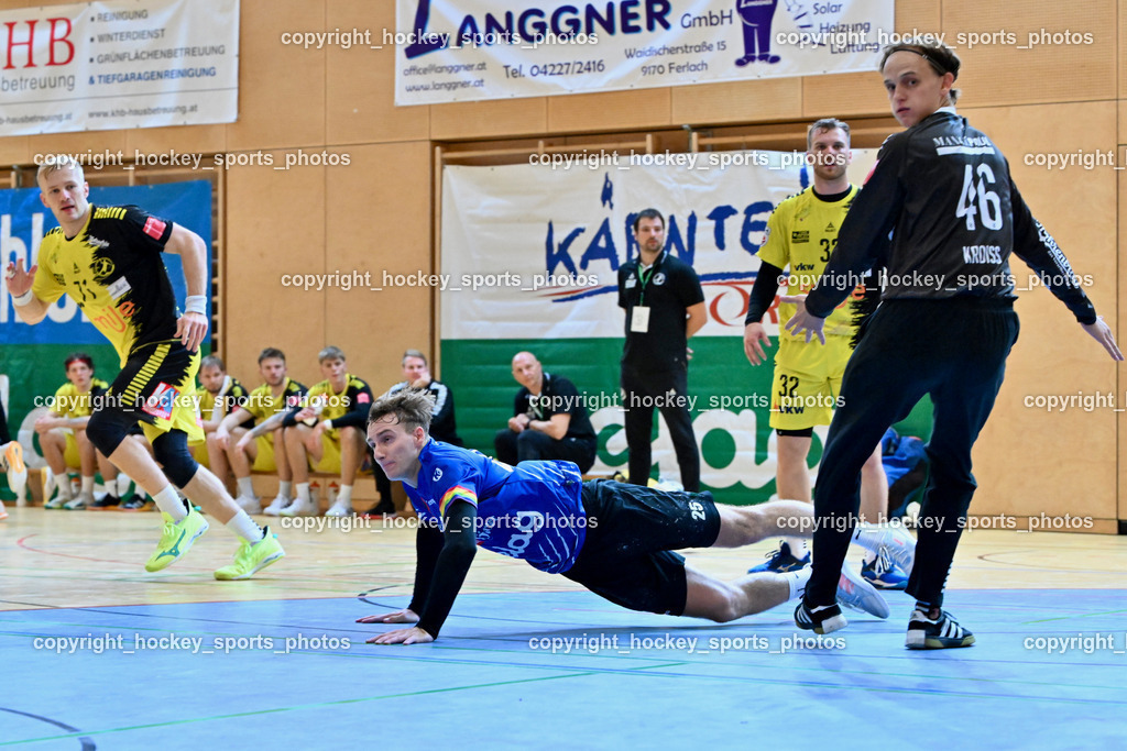 SC Ferlach vs. Bregenz Handball | #71 Schröder Andreas Bregenz Handball, #25 PLONER Florian SC Ferlach, #32 KOTAR Matic Bregenz Handball, #46 KROISS Jan Bregenz Handball, SC Ferlach vs. Bregenz Handball, SC Ferlach vs. Bregenz Handball am 28.09.2024 in Ferlach (Ballspielhalle Ferlach), Austria, (Photo by Bernd Stefan)