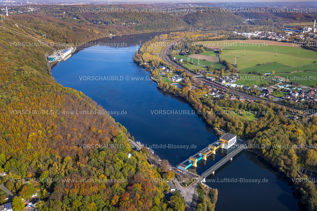 Herdecke221017005 | Luftbild, Wehr Hengstey Laufwasserkraftwerk, Hengsteysee, Ardeygebirge Herbstfarben, Herdecke, Ruhrgebiet, Nordrhein-Westfalen, Deutschland