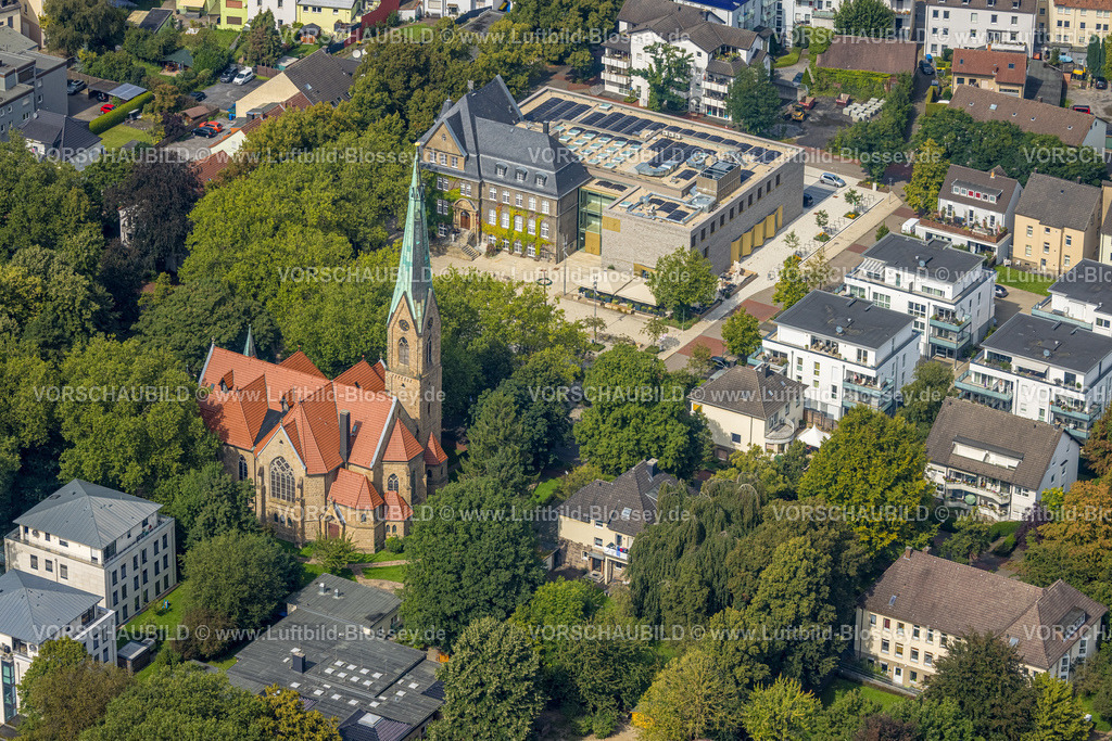 Holzwickede230901319 | Luftbild, Rathaus Holzwickede Neubau Am Markt, evang. Kirche am Markt, Holzwickede, Ruhrgebiet, Nordrhein-Westfalen, Deutschland
