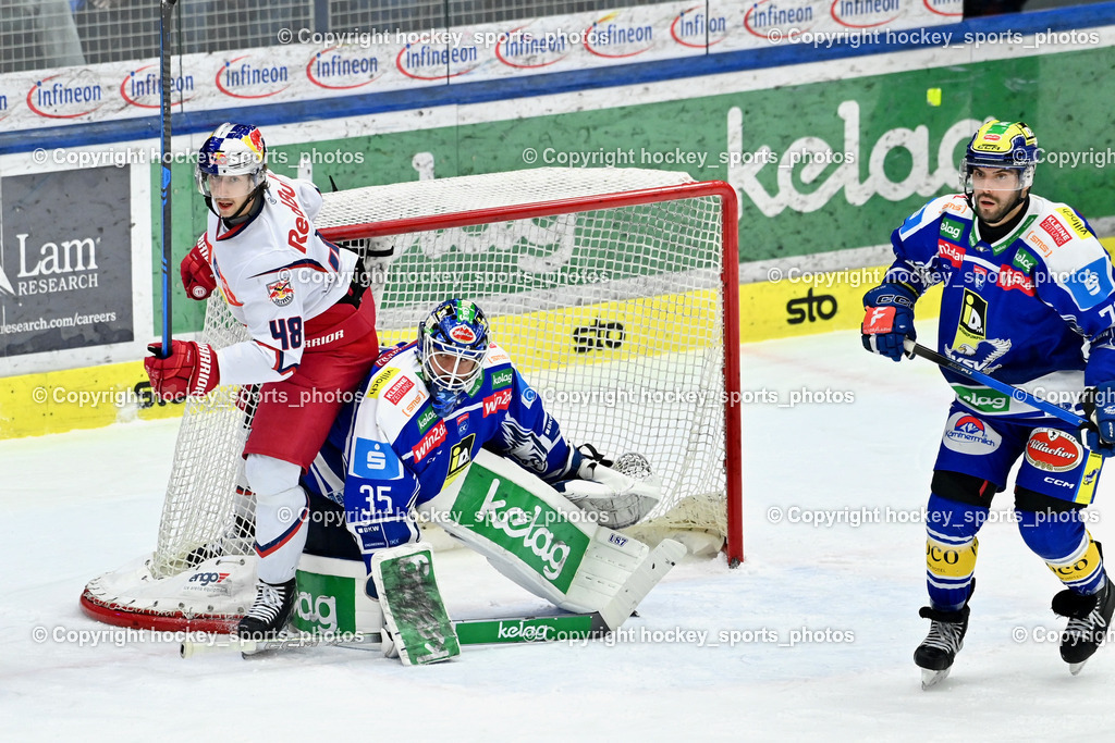 EC IDM Wärmepumpen VSV vs. EC Red Bull VSV | #48 Lucas Thaler EC Red Bull Salzburg, #35 Joe Cannata EC VSV, #71 Steven Strong EC VSV, EC IDM Wärmepumpen VSV vs. EC Red Bull VSV, EC IDM Wärmepumpen VSV vs. EC Red Bull Salzburg am 16.01.2026 in Villach (Stadthalle Villach), Austria, (Photo by Bernd Stefan)