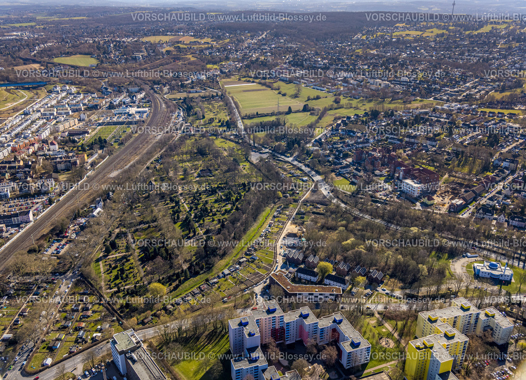 Dortmund250300509 | Luftbild, Friedhof Hörde und Park, KGV Kleingartenanlage, Reihenhaus Wohnsiedlung Am Grimmelsiepen, Hörde, Dortmund, Ruhrgebiet, Nordrhein-Westfalen, Deutschland