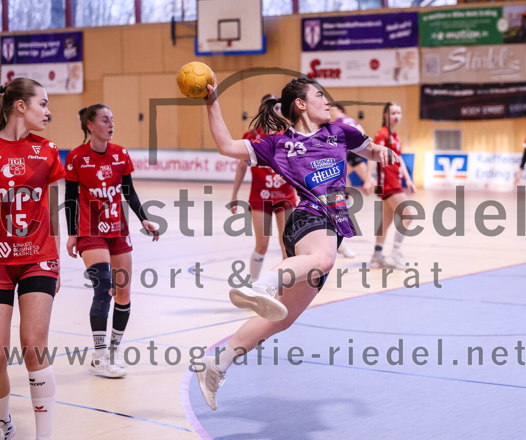 2025-02-22_037_SpVgg_Altenerding_gegen_TG_Landshut | Erding, Deutschland, 22.02.2025:Handball, Bezirksoberliga Frauen Altbayern 2024 / 2024, 15. Spieltag, SpVgg Altenerding gegen TG Landshut, Endergebnis: 25:22Isabella Hauner (TG Landshut, #15), Katharina Künstner (SpVgg Altenerding, #23)Foto: Christian Riedel / fotografie-riedel.net