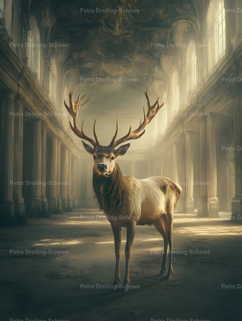 Majestic Stag - Hirsch | Bring timeless elegance and quiet strength into your space with this majestic stag artwork from the Silent Kingdom Collection.This surreal and atmospheric piece shows a noble deer standing in a grand, cathedral-like setting. The soft light, architectural depth, and calm presence create a feeling of serenity, strength, and quiet power.Perfect for those who love refined interiors, nature-inspired art, and unique statement pieces. - Realisiert mit Pictrs.com