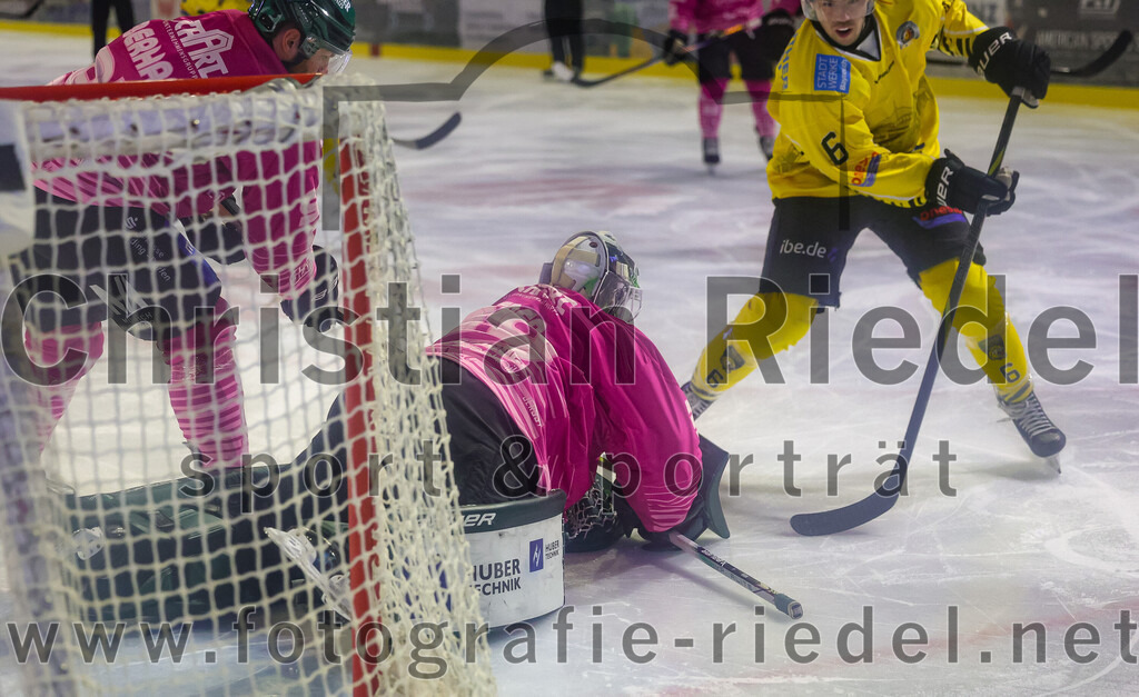 2025-10-10_038_TSV_Erding_gegen_onesto_Tigers_Bayreuth | Erding, Deutschland, 10.10.2025:Eishockey, Oberliga Süd 2025 / 2026, 7. Spieltag, TSV Erding gegen onesto Tigers Bayreuth, Endergebnis: 2:5Torwart Leon Meder (Erding Gladiators, #39), Alexander Barber (onesto Tigers Bayreuth, #6)Foto: Christian Riedel / fotografie-riedel.net