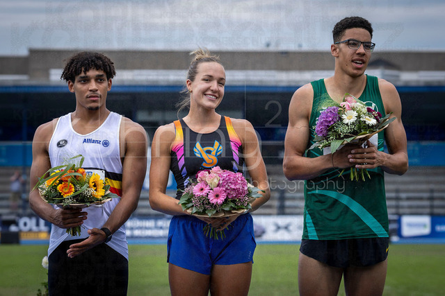 Multisport Event; Ratingen, 28.06.2026 | RATINGEN, GERMANY - JUNE 28, 2026 :  Dai Keita (BEL / Belgium), Lexie Keller (USA / United States) and Leon-Joel Clair (GER / Germany) at the medal ceremony during the Multisport Event at Stadion Ratingen on June 28, 2026 in Ratingen, Germany.