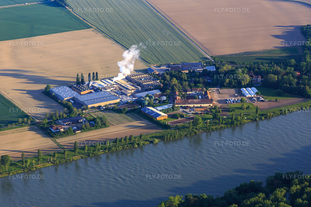 Luftbild: Intersnack Deutschland SE Werk Petersau am Rheinufer und Reitanlage Carlo von Opel am Demeter Hofgut Petersau im Ortsteil Mörsch in Frankenthal im Bundesland Rheinland-Pfalz in Deutschland.Foto: IMG_088665.jpg vom 20.05.2016 durch Werner Riehm/FLY-FOTO.deWWW.HOFGUT-PETERSAU.DEWWW.INTERSNACK.DE