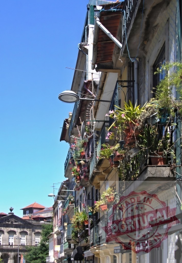 Porto urban street with building facades and balconies | Rows of Portuguese city buildings showing balconies, plants, and vivid blue sky - Realisiert mit Pictrs.com