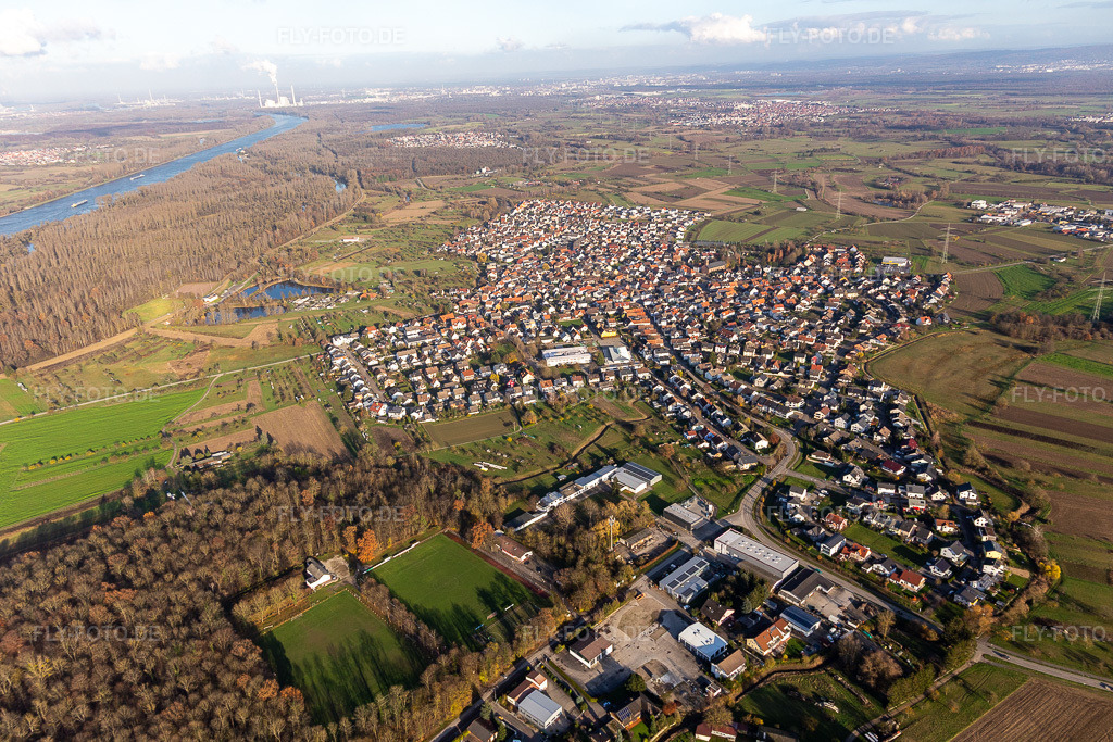 Luftbild: Ortsansicht der Straßen und Häuser der Wohngebiete in Au am Rhein im Bundesland Baden-Württemberg in Deutschland. Foto: IMG_119861.jpg vom 30.11.2019 durch Werner Riehm/FLY-FOTO.de