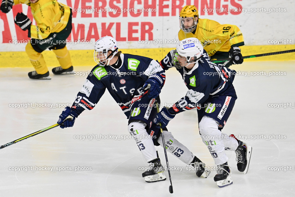 ATSE Graz vs. EHC Lustenau | #83 Kaschnig Cornelius ATSE Graz, #20 Helm Simon ATSE Graz, #16 Wüstner Robin EHC Lustenau, ATSE Graz vs. EHC Lustenau, ATSE Graz vs. EHC Lustenau am 14.02.2026 in Graz (Merkur Eishalle ), Austria, (Photo by Bernd Stefan)