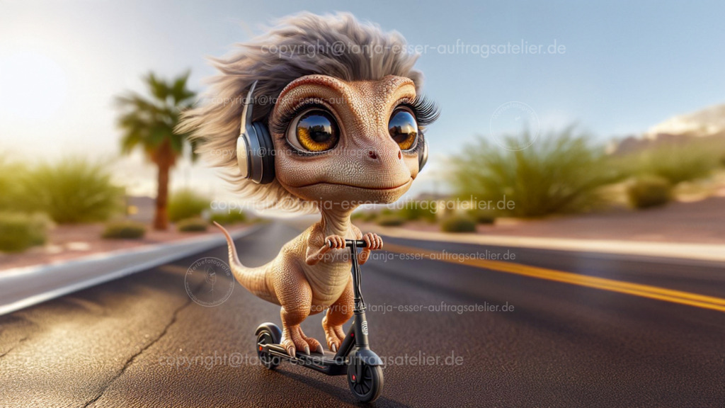 Witziges Bild eines jungen Dinosauriers, der E Scooter fährt und einen Kopfhörer trägt. | Animiertes Bild eines jungen Dinosaurier mit Kopfhörern. Er fährt auf einem Elektro Scooter auf einer sonnigen, mit Palmen gesäumten Straße. Interessanter dreidimensionaler Effekt. Endlosschleife. KI generiertes und dann animiertes Bild.
