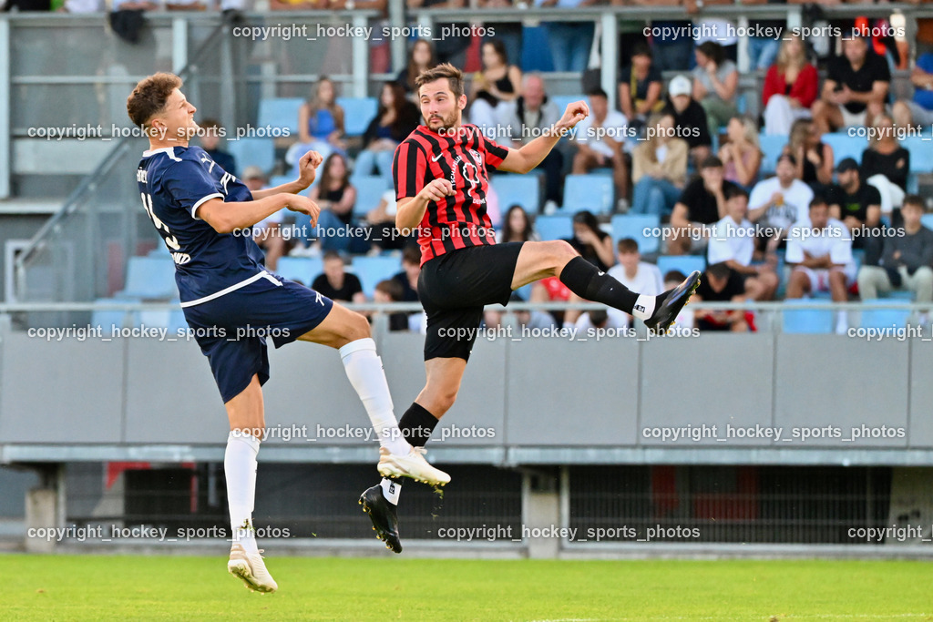 SC St. Veit vs. FC Nussdorf Debant | #15 Philipp Höberl SC St. Veit, #9 Dominik Sporer FC Nussdorf Debant, SC St. Veit vs. FC Nussdorf Debant, SC St. Veit vs. FC Nussdorf Debant am 22.08.2025 in St. Veit an der Glan (Jacques Lemans Arena), Austria, (Photo by Bernd Stefan)