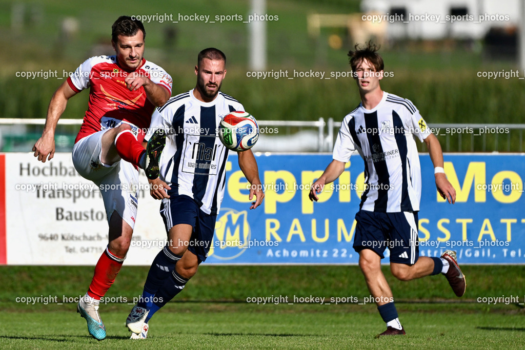ATUS Nötsch vs. FC Dölsach | #10 Andreas Orter ATUS Nötsch, #8 Silvio Mandl FC Dölsach, #10 Elias Sint-Unterholzer FC Dölsach, ATUS Nötsch vs. FC Dölsach, ATUS Nötsch vs. FC Dölsach am 23.08.2026 in Nötsch (Sportplatz Nötsch), Austria, (Photo by Bernd Stefan)