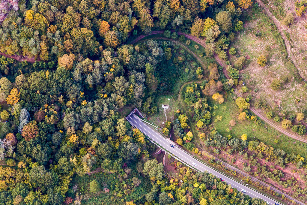 Luftbild: Ein- und Ausfahrt des B48 Tunnel im engen Tal der Queich in Rinnthal im Bundesland Rheinland-Pfalz in Deutschland. Foto: IMG_103805.jpg vom 01.10.2017 durch Werner Riehm/FLY-FOTO.de