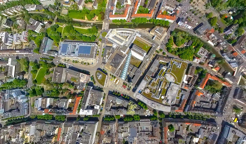 Hagen230520041Mitte | Luftbild, Hagen-Mitte, Friedrich-Ebert-Platz, Sparkassen-Karree, Volme Galerie und Rathaus Galerie, Fisheye Aufnahme, Fischaugen Aufnahme, 360 Grad Aufnahme, Mittelstadt, Hagen, Sauerland, Nordrhein-Westfalen, Deutschland