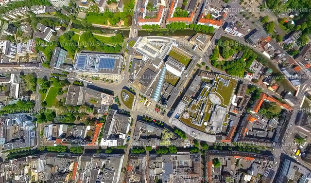 Hagen230520041Mitte | Luftbild, Hagen-Mitte, Friedrich-Ebert-Platz, Sparkassen-Karree, Volme Galerie und Rathaus Galerie, Fisheye Aufnahme, Fischaugen Aufnahme, 360 Grad Aufnahme, Mittelstadt, Hagen, Sauerland, Nordrhein-Westfalen, Deutschland