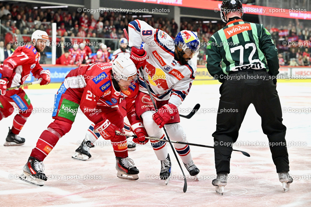 EC KAC vs. EC Red Bull Salzburb | #27 Hundertpfund Thomas EC KAC, #9 Wukovits Ali EC RED BULL SALZBURG,  BEDYNEK SEBASTIAN Referee, EC KAC vs. EC Red Bull Salzburb, EC KAC vs. EC Red Bull Salzburb am 04.04.2025 in Klagenfurt (Heidi Horten Arena), Austria, (Photo by Bernd Stefan)