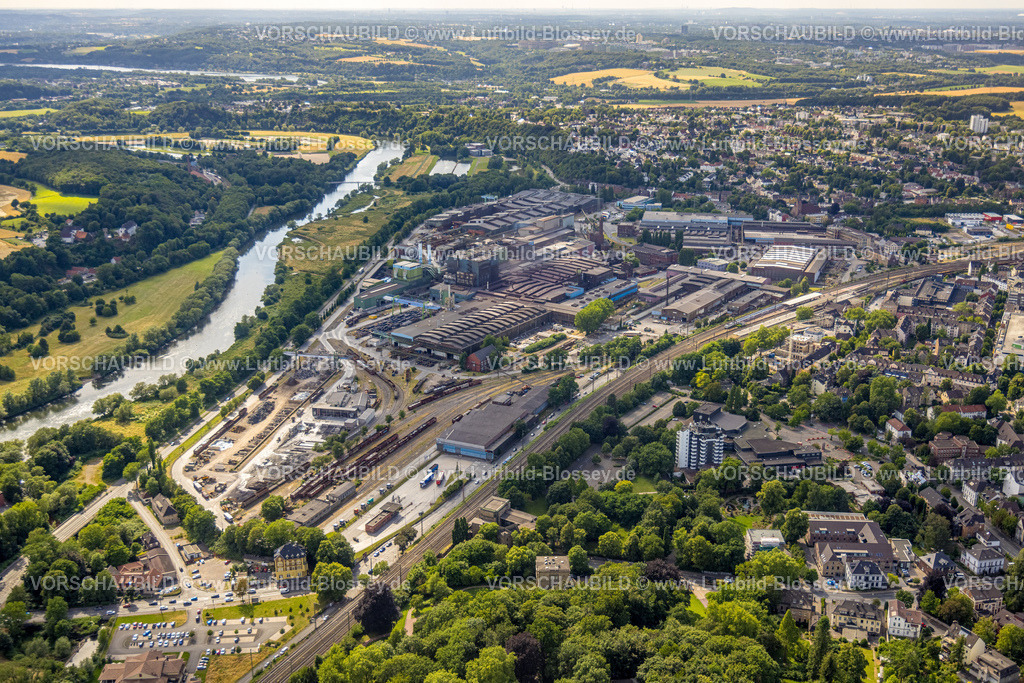Witten230701591 | Luftbild, Edelstahlwerke Witten am Fluss Ruhr, Parkhotel und Haus Witten, Villa Friedrich Lohmann Sen. im Stadtpark, Baustelle Wohnhäuser für Lofts auf dem ehemaligen Scharfen Gelände, Hbf Witten, Witten, Ruhrgebiet, Nordrhein-Westfalen, Deutschland