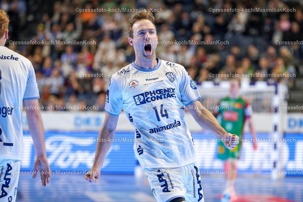 xSSCx19042601016 | 19.04.2026, xsscx, Handball, DHB-Pokal Lidl Final4, Spiel um Platz 3, TBV Lemgo-Lippe - SC Magdeburg, Saison 2025 / 2026 Herren, Lanxess Arena, Köln: Bobby Schagen (TBV Lemgo Lippe #14) jubelnd nach dem Treffer Photo: xSandraxScherningxPressefotoKochx