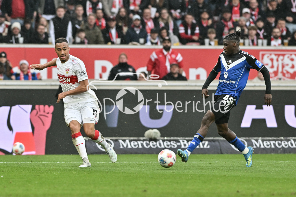 VfB Stuttgart - Hamburger SV | STUTTGART, GERMANY - 12. APRIL: tackle between Jamie LEWELING (VfB Stuttgart 18) and Fabio BALDE (Hamburger SV 45) during the Bundesliga Match between VfB Stuttgart vs. Hamburger SV on Matchday 29 at MHP Arena / DFL REGULATIONS PROHIBIT ANY USE OF PHOTOGRAPHS AS IMAGE SEQUENCES AND/OR QUASI-VIDEO