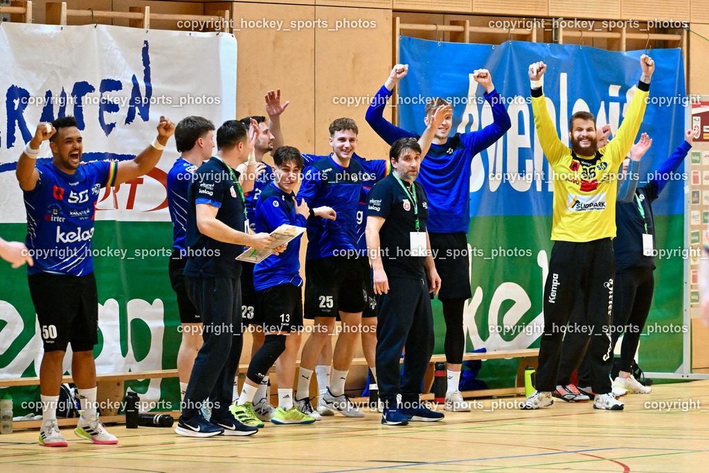 SC Ferlach vs. ALPLA HC Hard 2.3.2024 | Spielerbank SC Ferlach Jubel, #50 GONZALEZ-MARTINEZ Adonis,#13 Rakipov Smakaj Ali SC Ferlach, #25 PLONER Florian SC Ferlach, Headcoach SC Ferlach BEGUS Robert, #96 KONECNY Micha Martin SC Ferlach, SC Ferlach vs. ALPLA HC Hard 2.3.2024, SC Ferlach vs. ALPLA HC Hard am 02.03.2024 in Ferlach (Ballspielhalle Ferlach), Austria, (Photo by Bernd Stefan)